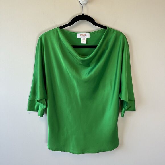 Renee Collection Satin Cowl Neck Blouse 3/4 Dolman Sleeve Green Size Small $148 - Picture 7 of 13